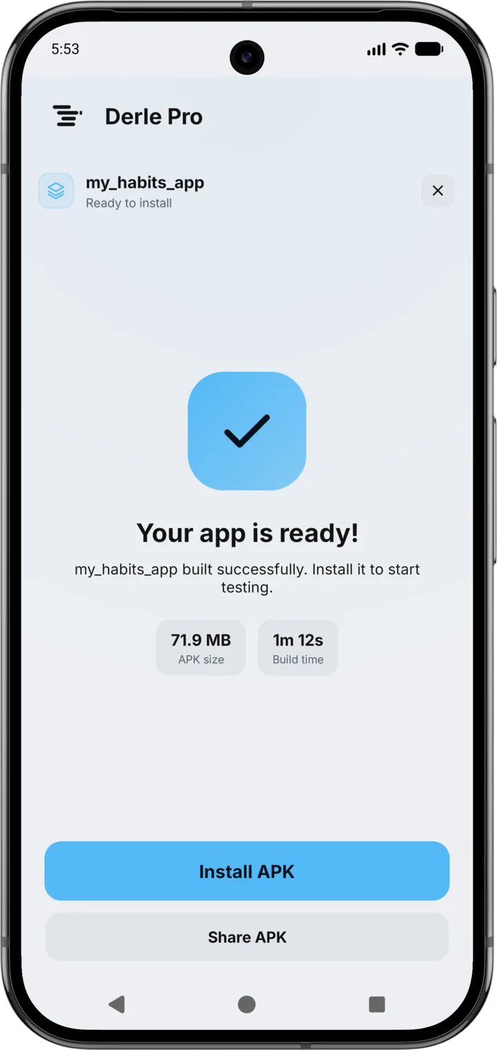A finished build ready to install, showing the APK size and build time