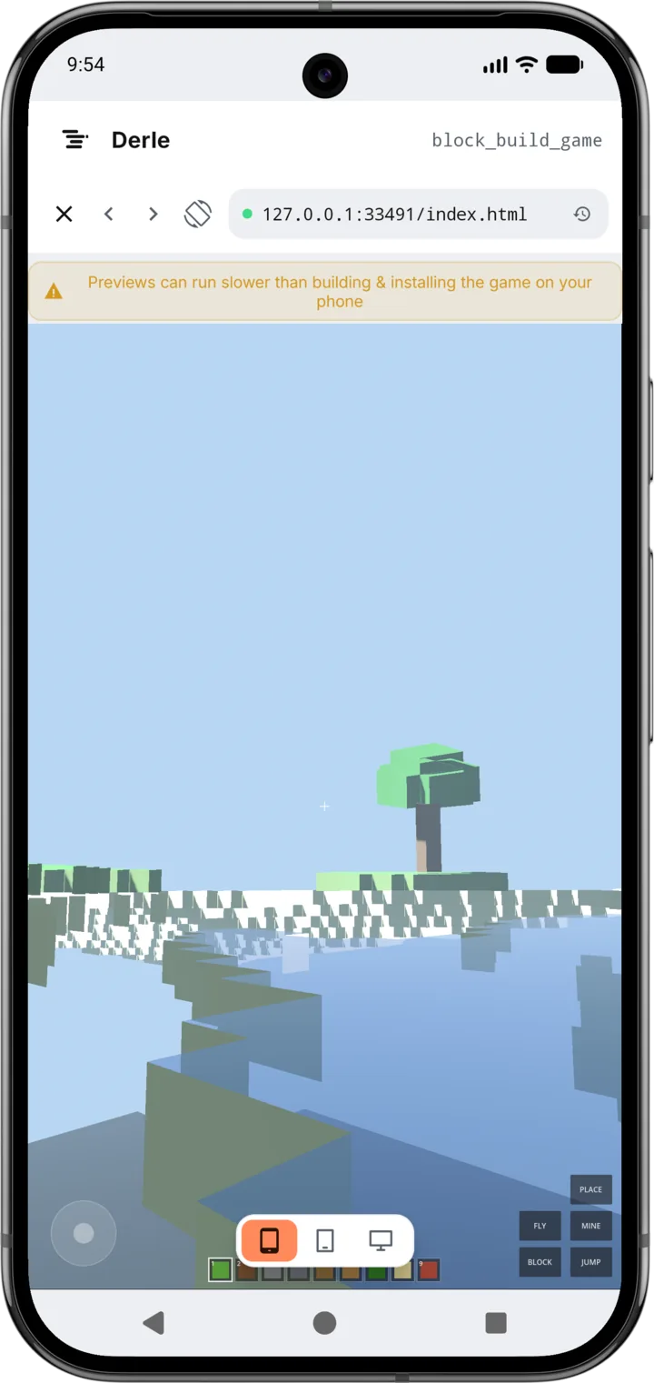 A voxel game built in Derle, running full screen on the phone