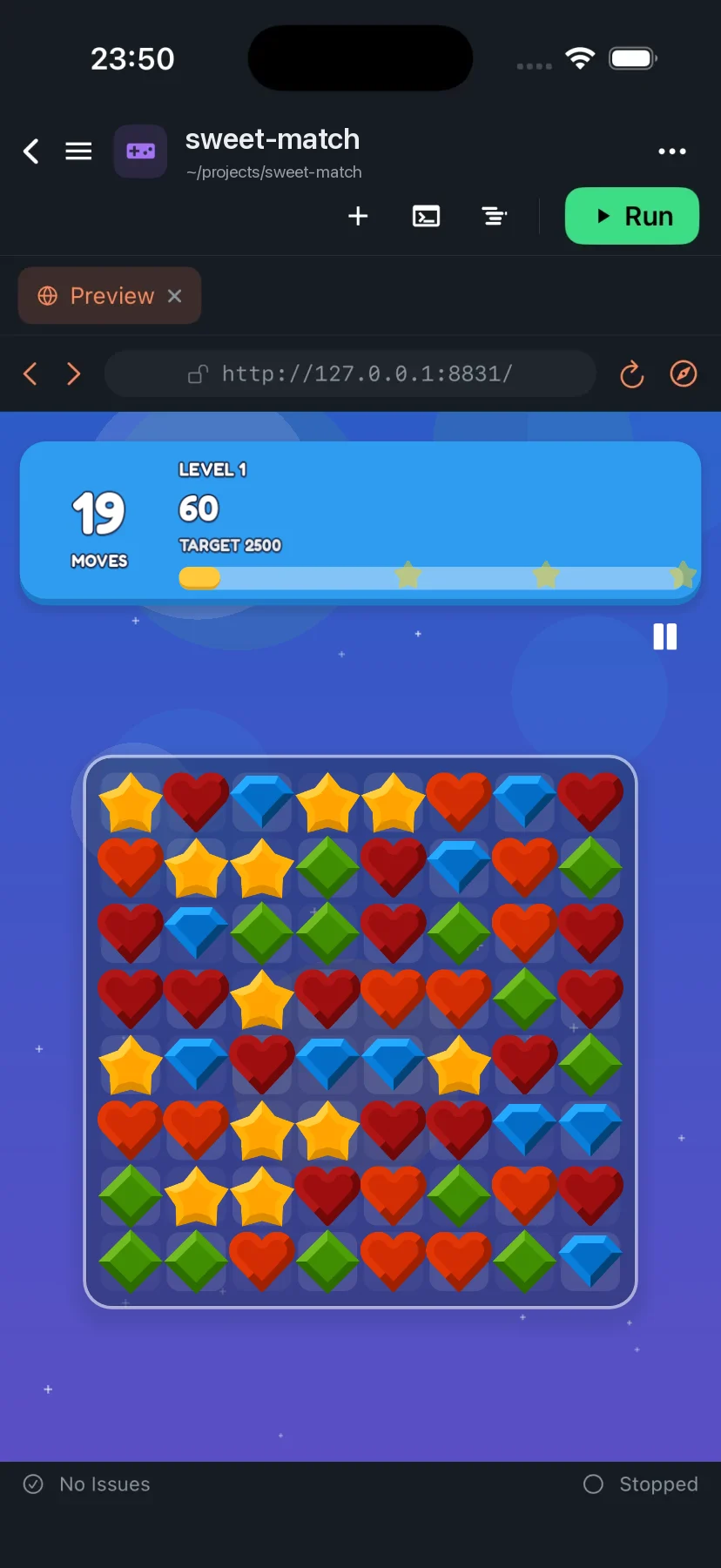 A match-3 puzzle game made in Derle, running in the Preview tab on iPhone