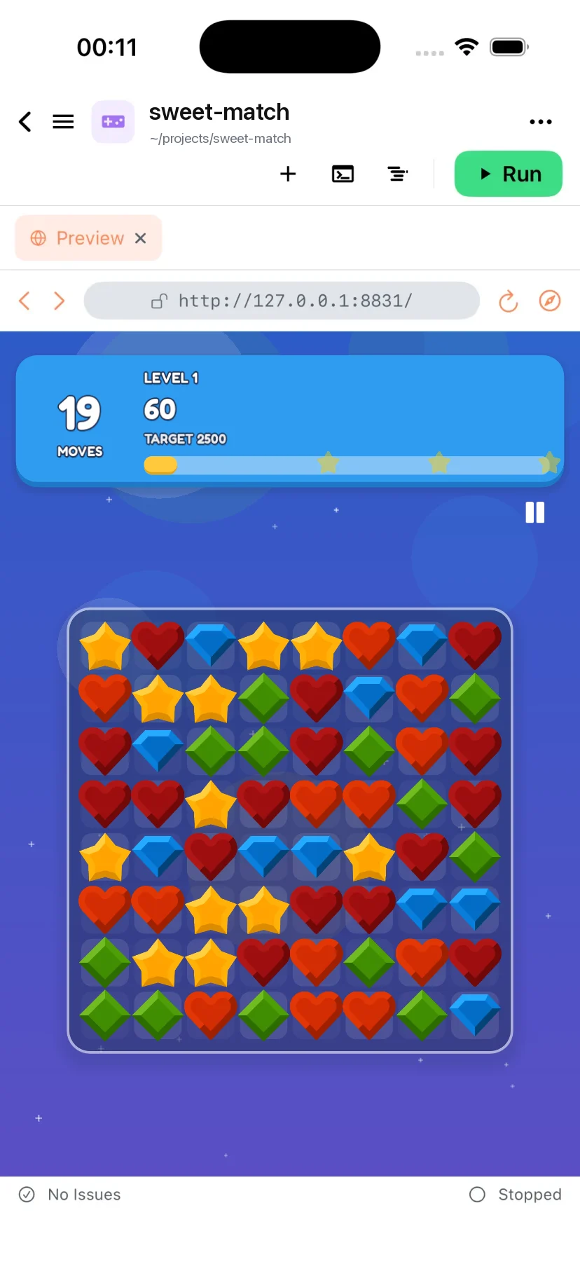 A match-3 puzzle game made in Derle, running in the Preview tab on iPhone