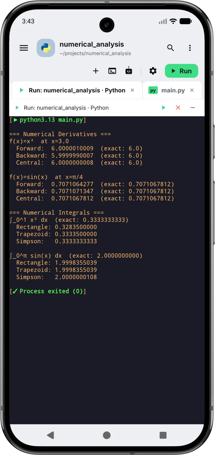 A Python numerical-analysis script running in the terminal